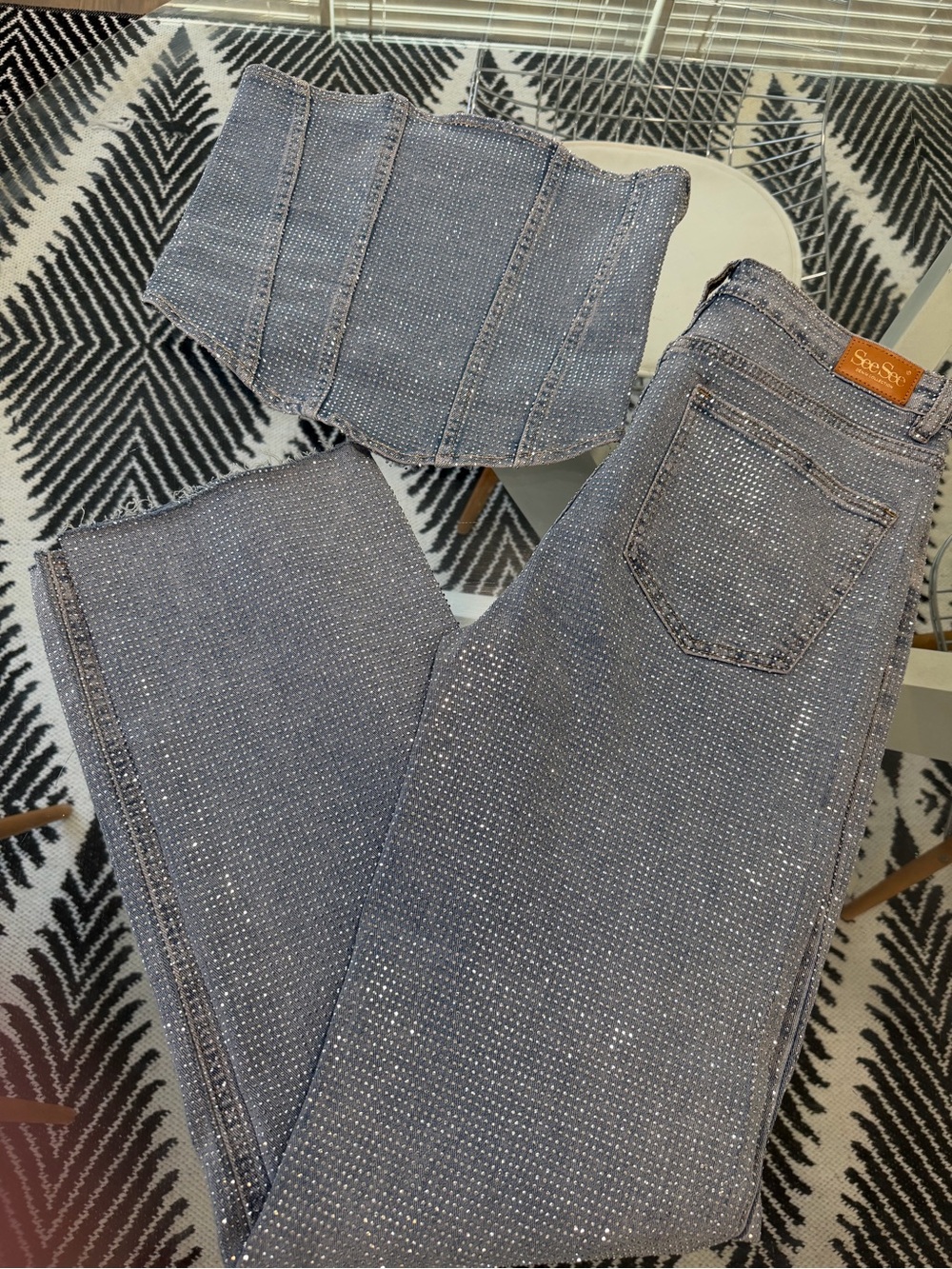 See By Chloe Light Blue Rhinestone Straight Leg Jeans
